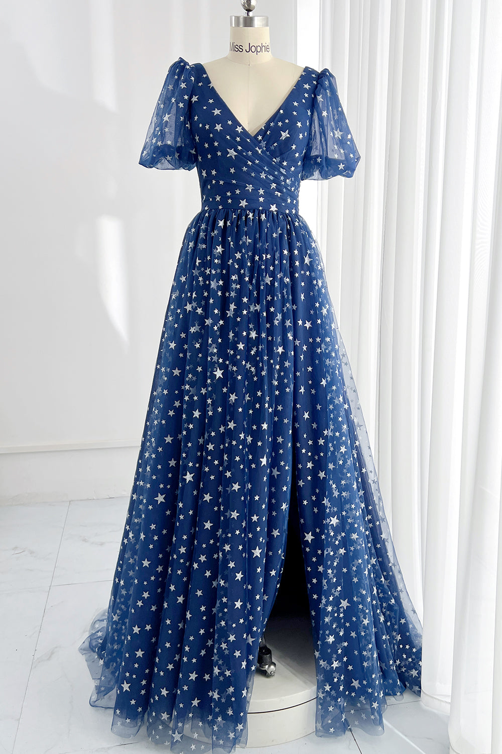 MissJophiel Puff Sleeves V Neck Dark Navy Prom Dress Other / Floor Length / US14 MissJophiel Puff Sleeves V Neck Dark Navy Prom Dress Other / Floor Length / US14