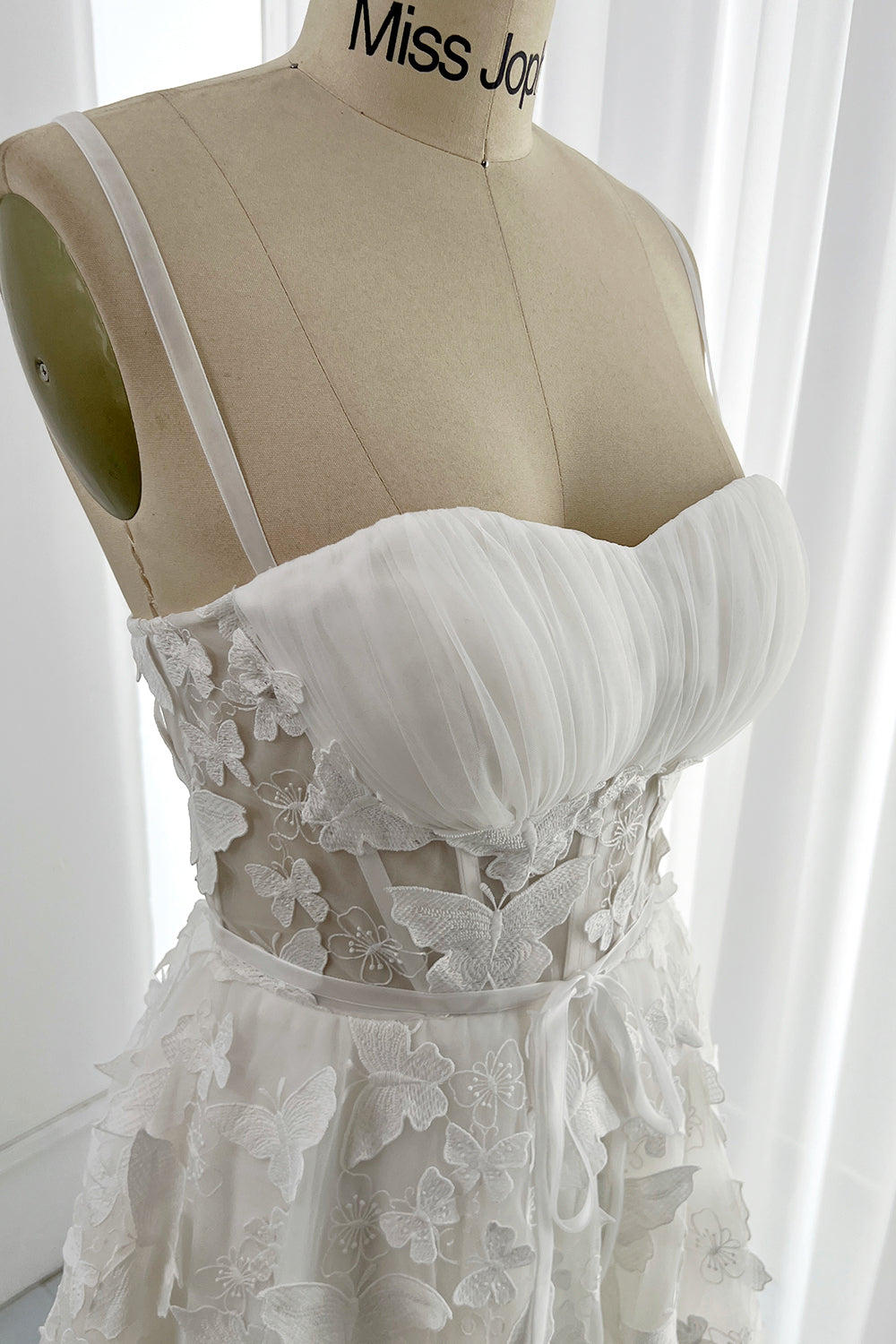 butterfly bodice cami midi dress MissJophiel Embroidery Butterfly Corset Midi Dress with Lace Up Back Ivory / Tea Length / US6