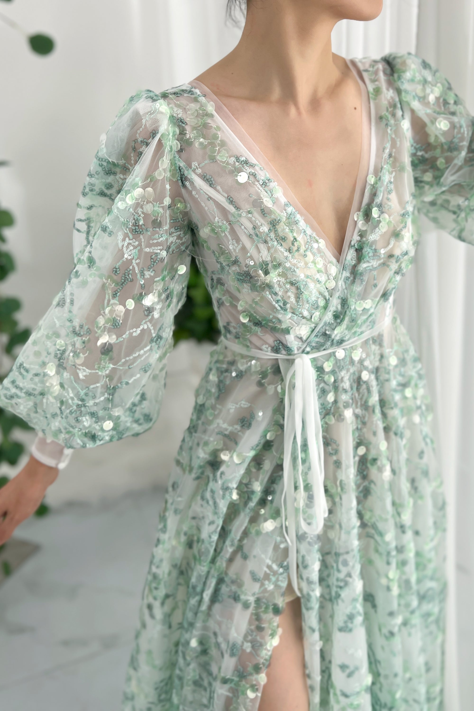 MissJophiel Puff Sleeves V Neck Aqua Sequin Dress with Side Slit Aqua / Tea Length / US10 MissJophiel Puff Sleeves V Neck Aqua Sequin Dress with Side Slit Aqua / Tea Length / US10