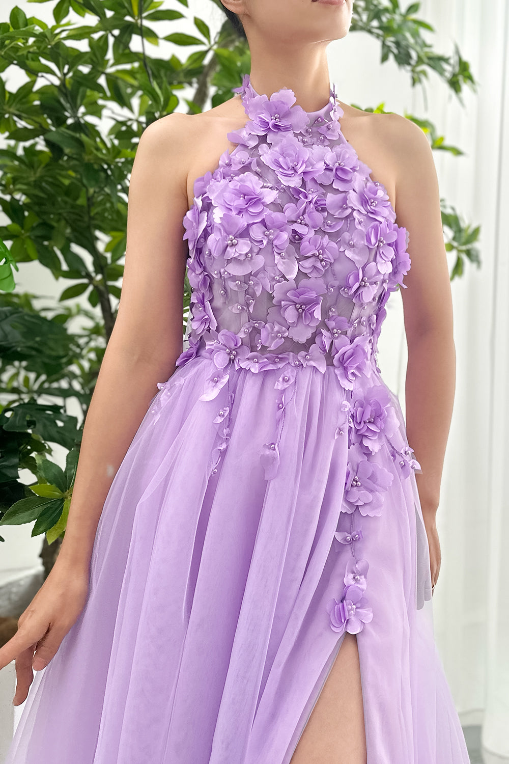 MissJophiel Halter 3D Floral Lavender Midi Dress with Slit Ivory / Above Knee / US12 MissJophiel Halter 3D Floral Lavender Midi Dress with Slit Ivory / Above Knee / US12