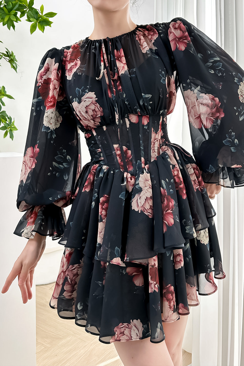 MissJophiel Long Sleeves Corset Black Floral Print Chiffon Tiered Mini Dress