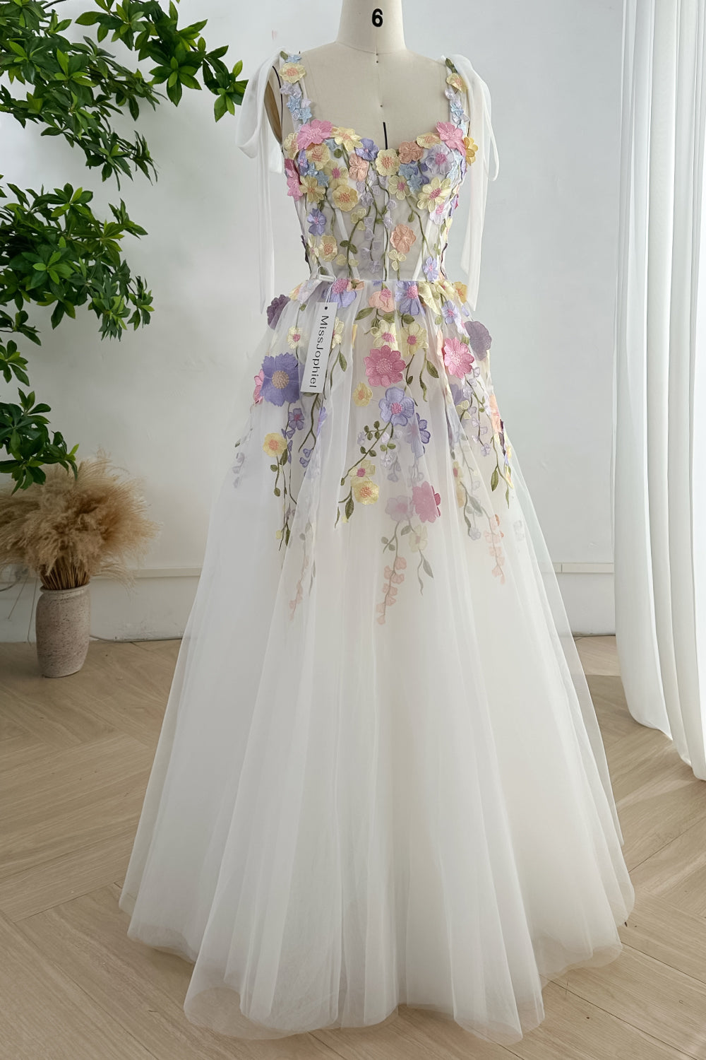 MissJophiel Embroidery Floral Corset Ivory Dress with Removable Tie Straps Lavender Floral / Floor Length / Custom Size / Plus Size MissJophiel Embroidery Floral Corset Ivory Dress with Removable Tie Straps Lavender Floral / Floor Length / Custom Size / Plus Size