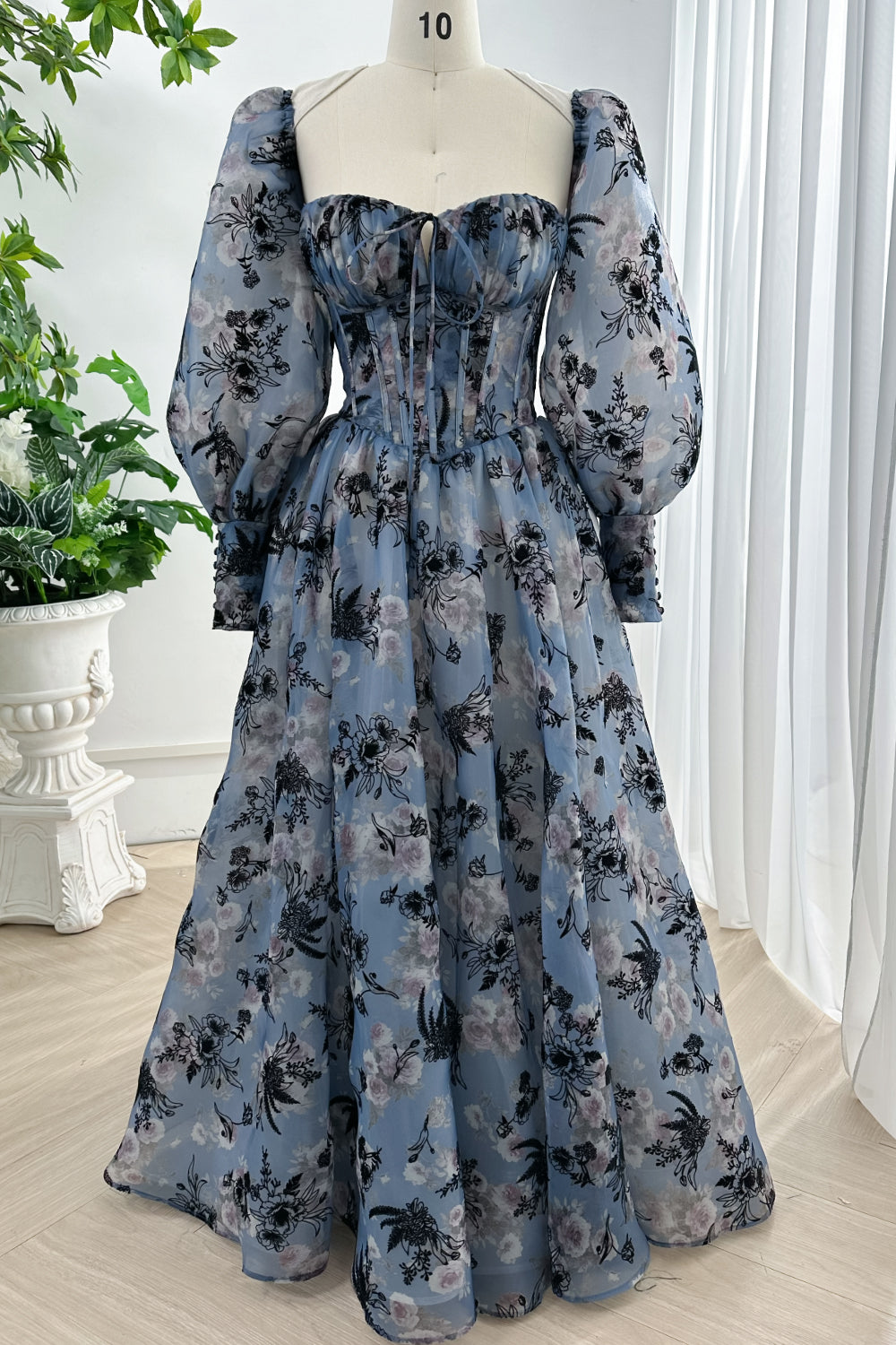 MissJophiel Corset Steal Blue Floral Print Organza Dress with Removable Puff Sleeves MissJophiel Corset Steal Blue Floral Print Organza Dress with Removable Puff Sleeves