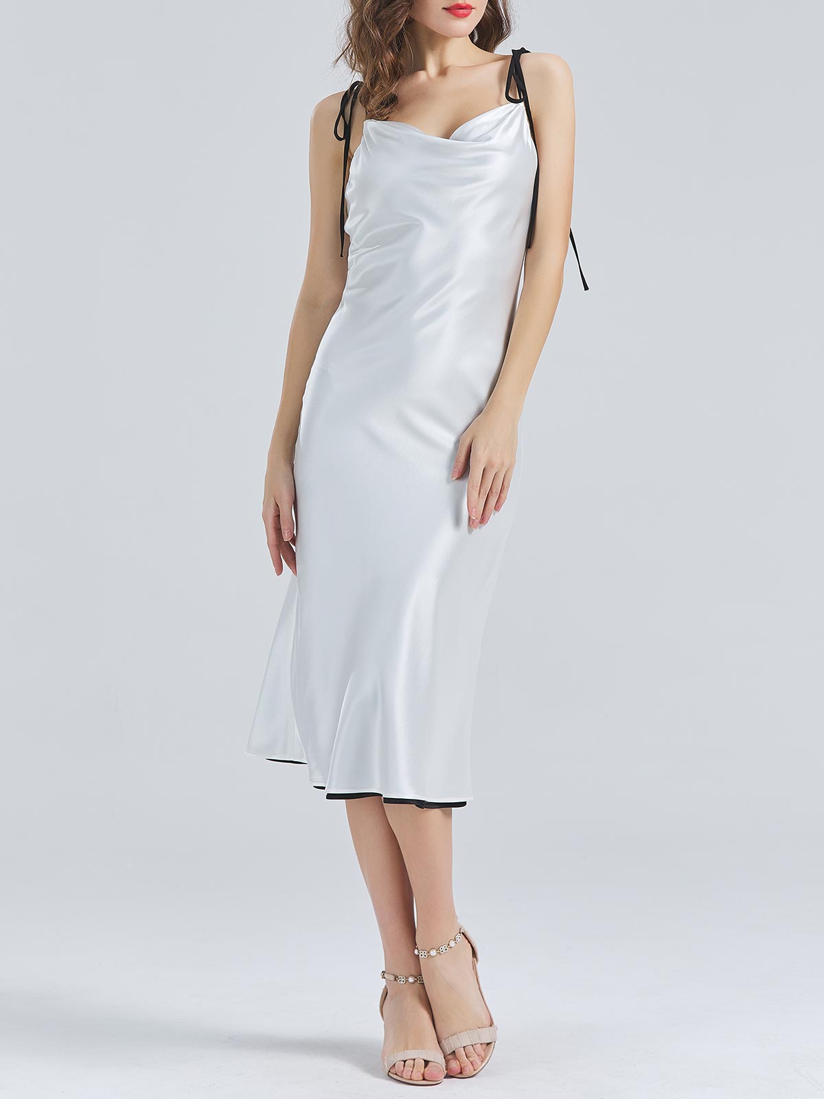 white satin dresses midi Leila V-Neck Low Back Satin Midi Dress Ivory