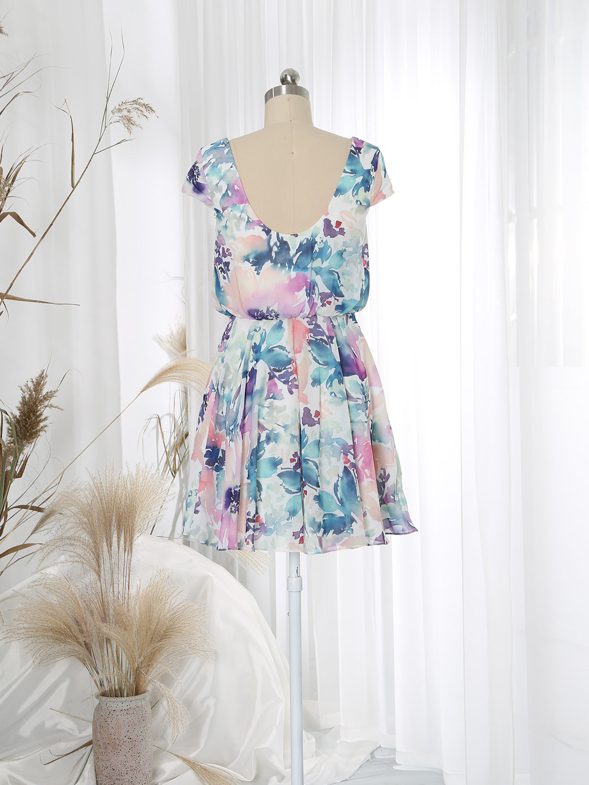 MissJophiel Escote en V Cap Sleeve Short A line Abrstract Floral Wedding Guest Cocktail Vestidoes