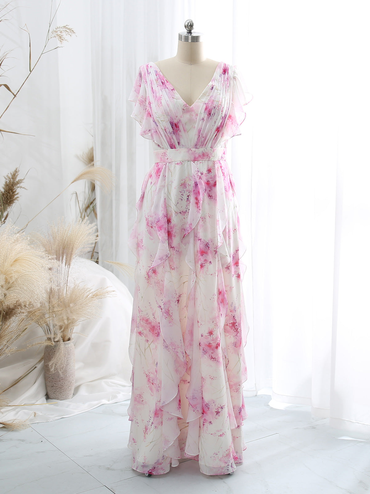 MissJophiel Women V Neck Ruffled Short Sleeve Floor Length Long Pink Wedding Party Bridesmaid Guest Dresses Pink / Floor Length / US22 MissJophiel Women V Neck Ruffled Short Sleeve Floor Length Long Pink Wedding Party Bridesmaid Guest Dresses Pink / Floor Length / US22