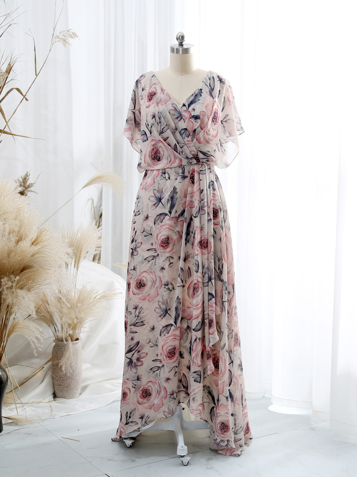 MissJophiel V Neck Draped High Low Flowy Short Sleeve Floral Wedding Party Guest Dresses Blush Pink / High Low / US8 MissJophiel V Neck Draped High Low Flowy Short Sleeve Floral Wedding Party Guest Dresses Blush Pink / High Low / US8