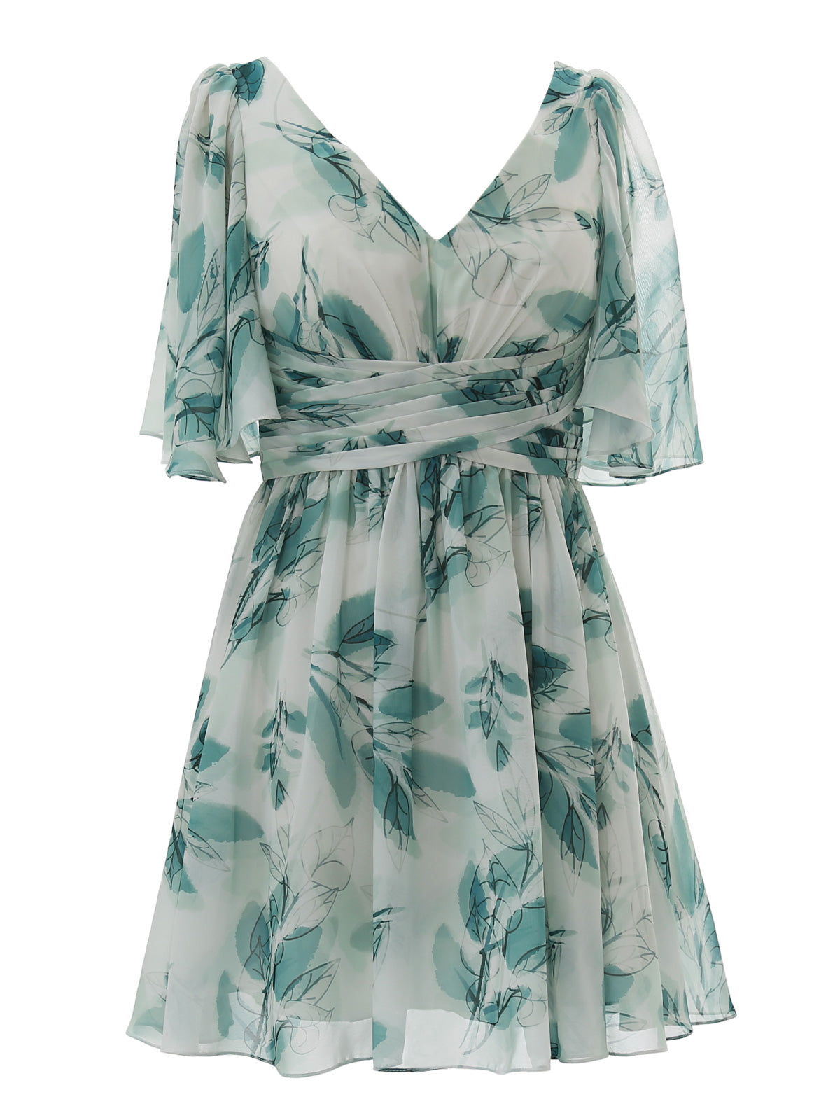 Vestido mini de gasa con cuello en V, fruncido y estampado floral, con mangas