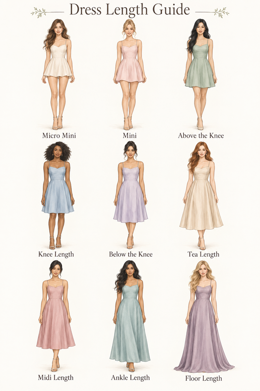 Dress length chart showing short hemlines from micro mini through below-the-knee.