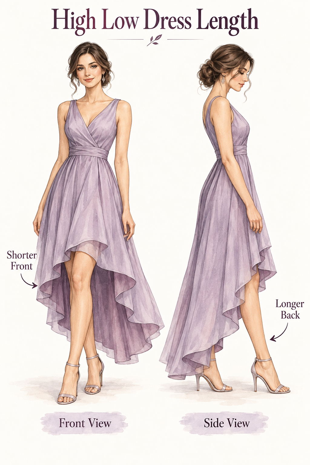 Lavender high-low dress shown from the front and side with a shorter front hem and longer back hem.