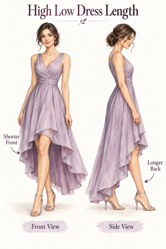 Lavender high-low dress shown from the front and side with a shorter front hem and longer back hem.