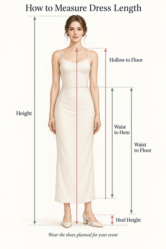 Dress-length measurement diagram showing waist to hem, waist to floor, hollow to floor, height and heel height.