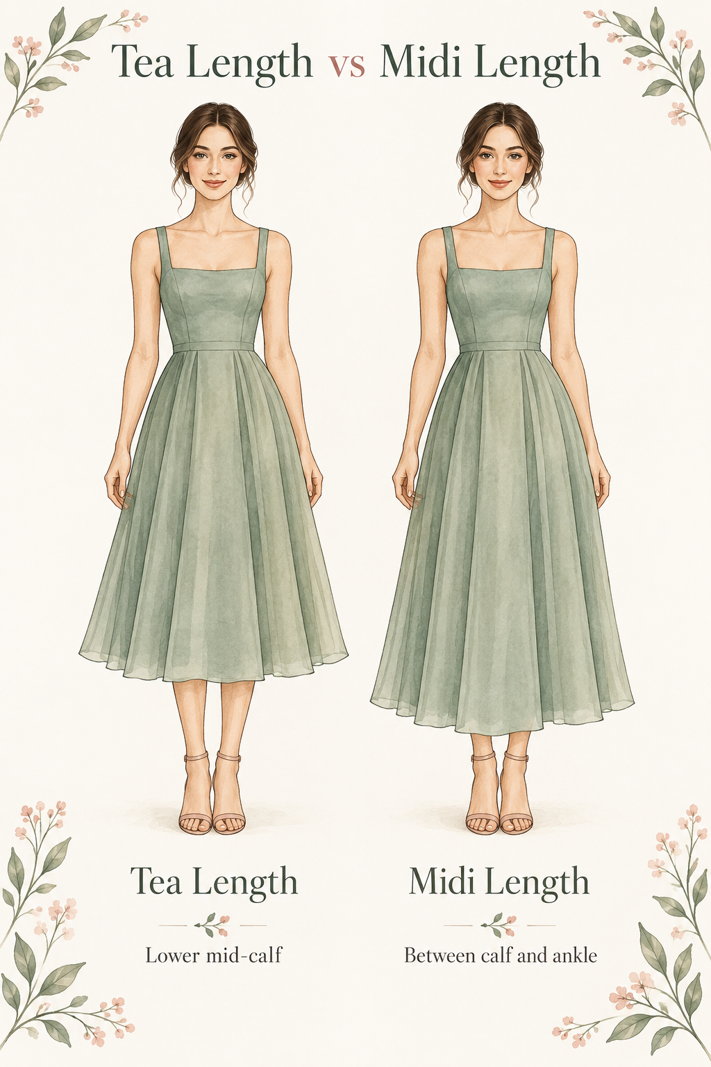 Tea-length and midi dresses shown side by side to compare their hem positions.