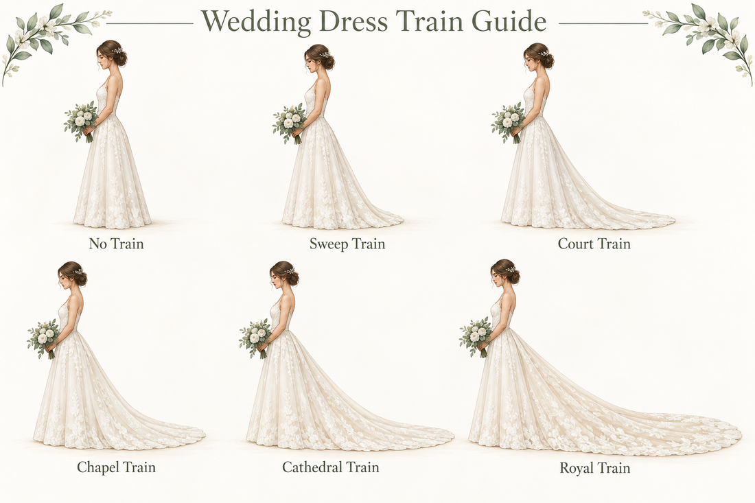 Wedding dress train guide comparing no train, sweep, court, chapel, cathedral and royal trains.
