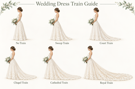 Wedding dress train guide comparing no train, sweep, court, chapel, cathedral and royal trains.