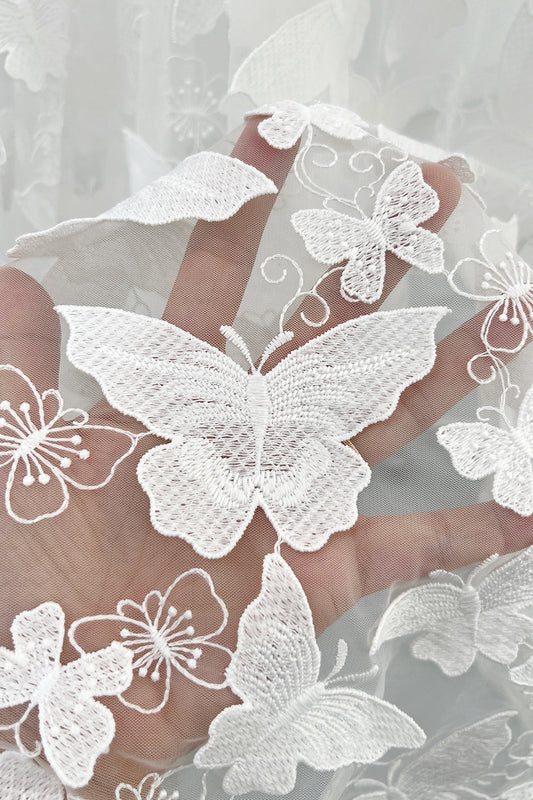 White Butterfly Embroidery Lace Fabric