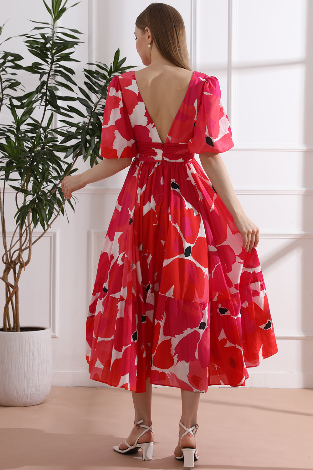 MissJophiel Puff Sleeves V Neck Silk Cutton Midi Dress