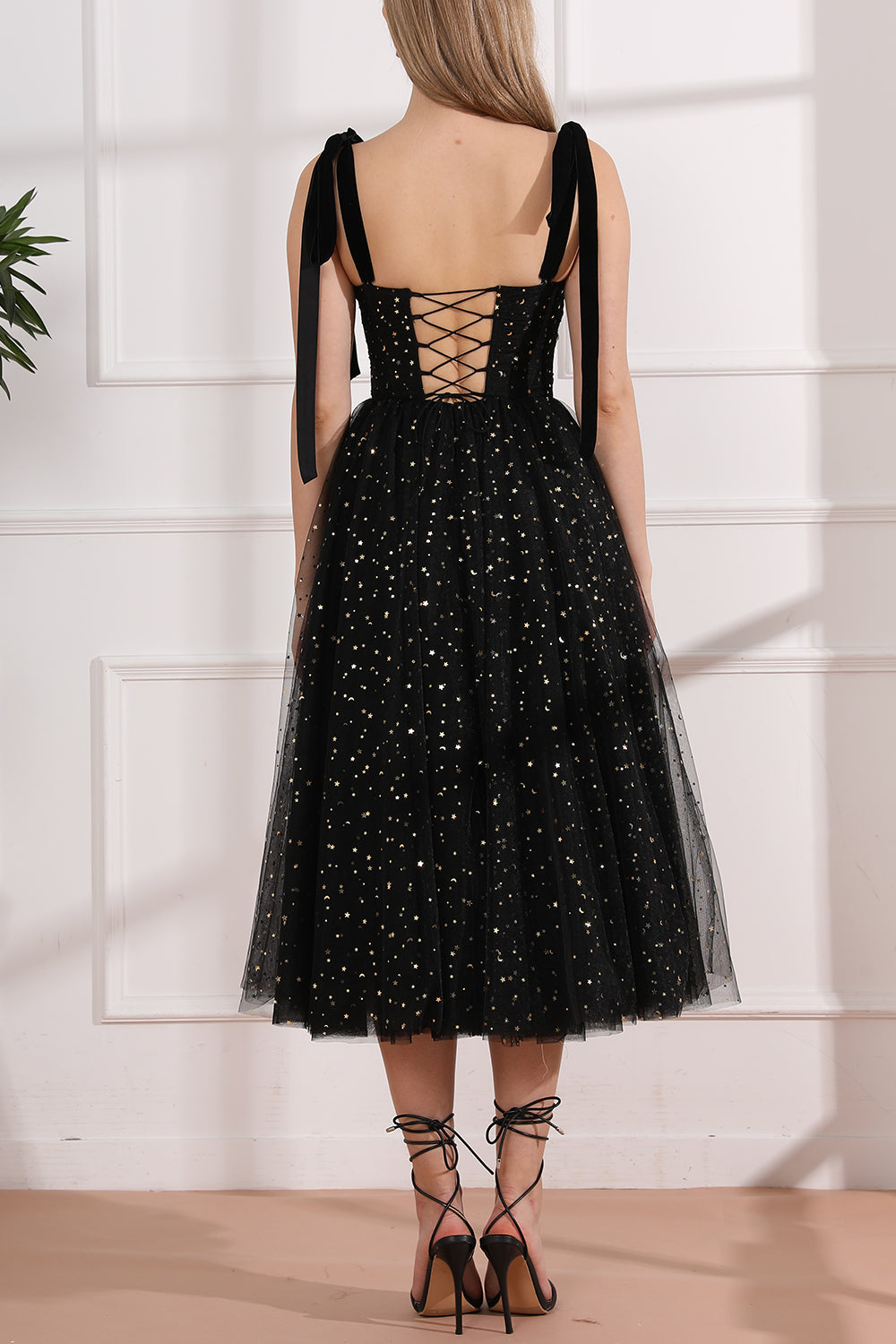 Lace Up Back Tulle Midi Prom Dress with Removable Straps
