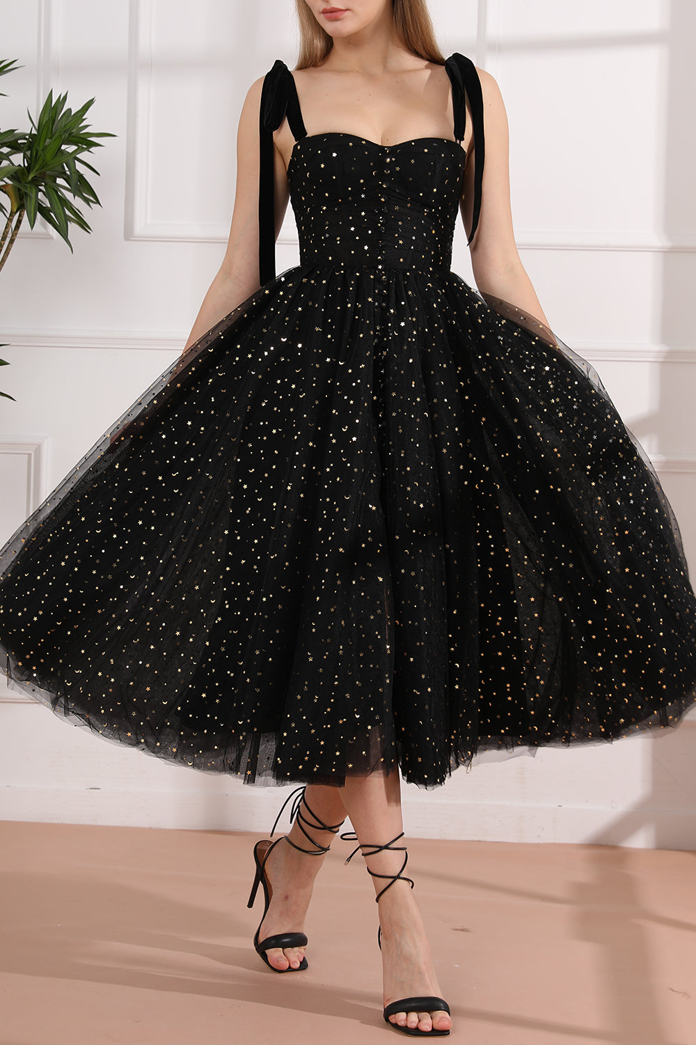 Lace Up Back Tulle Midi Prom Dress with Removable Straps