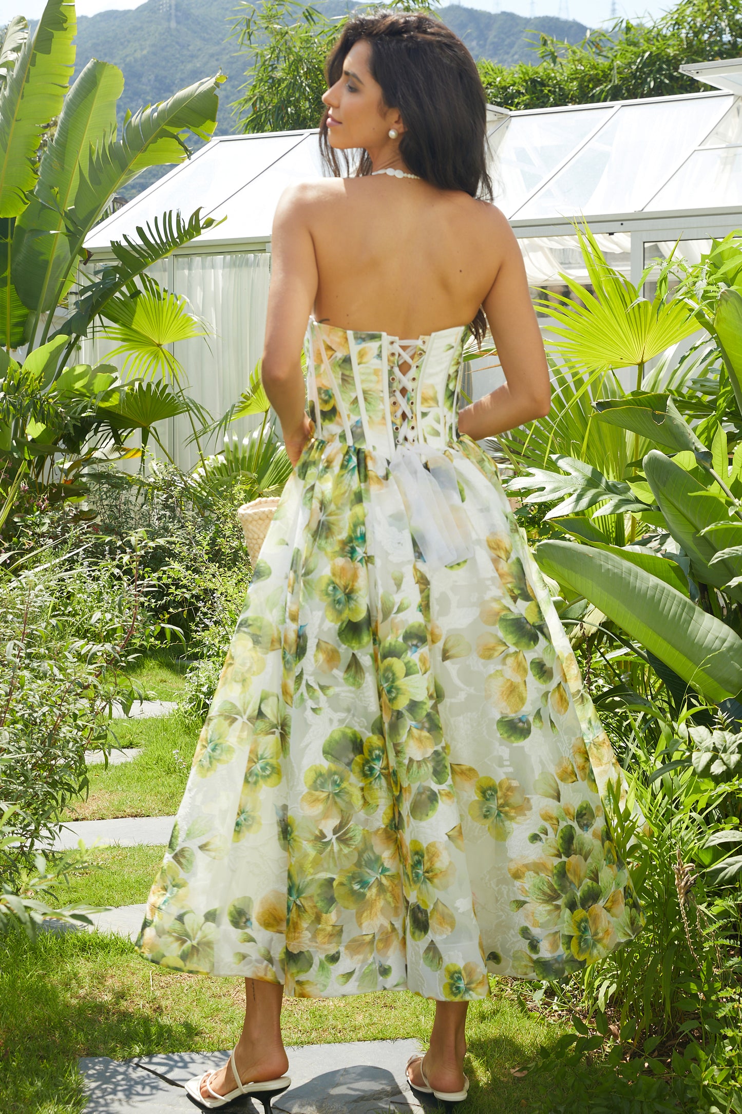Strapless Green Print Midi Prom Dress with Lace Up Back
