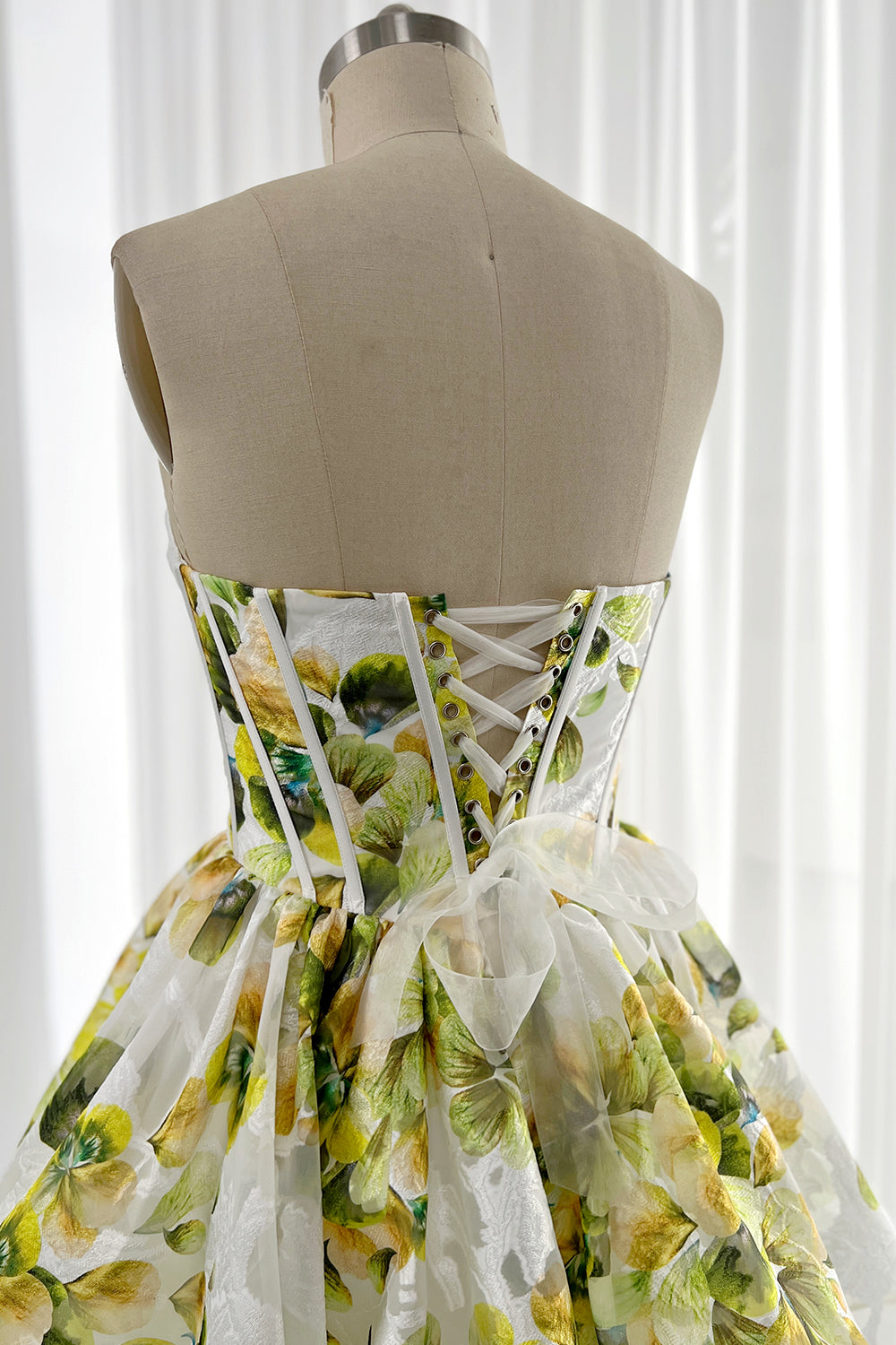 Strapless Green Print Midi Prom Dress with Lace Up Back
