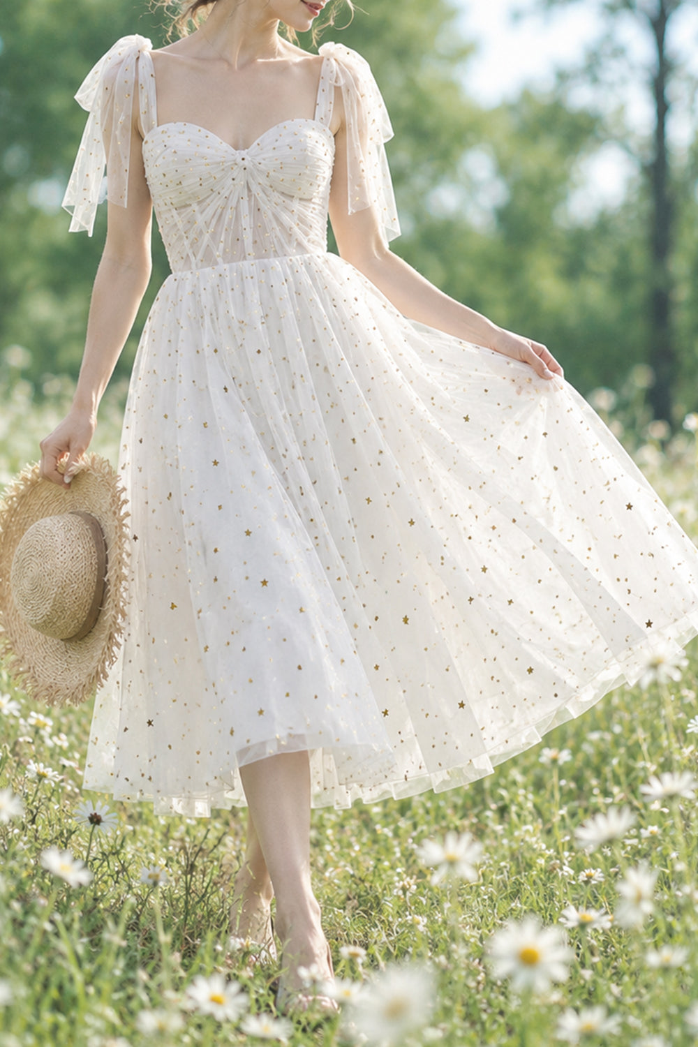 Vestido de fiesta midi de tul con escote en forma de corazón y tirantes extraíbles