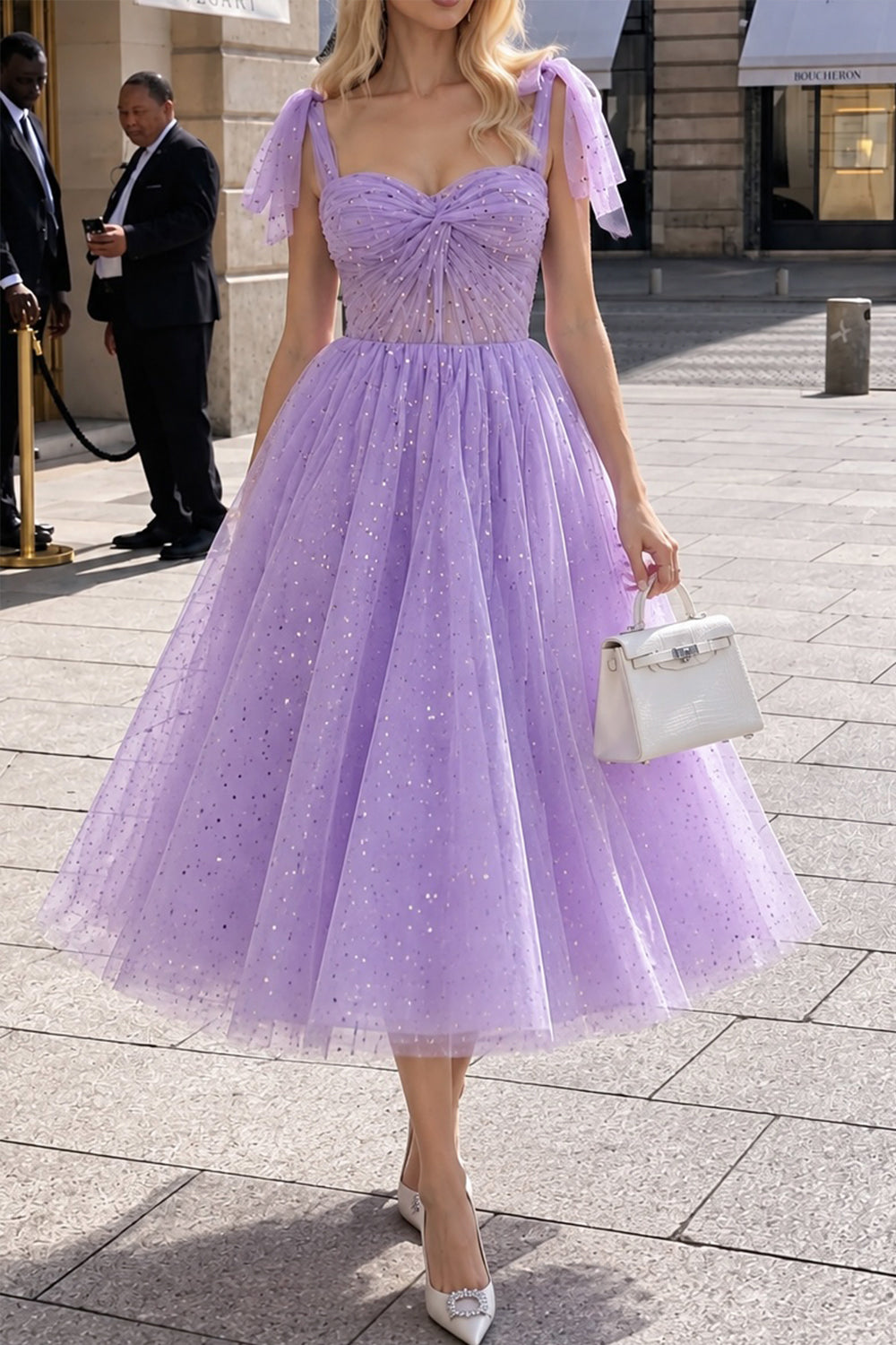 Corset Sweetheart Tulle Midi Prom Dress with Tie Straps