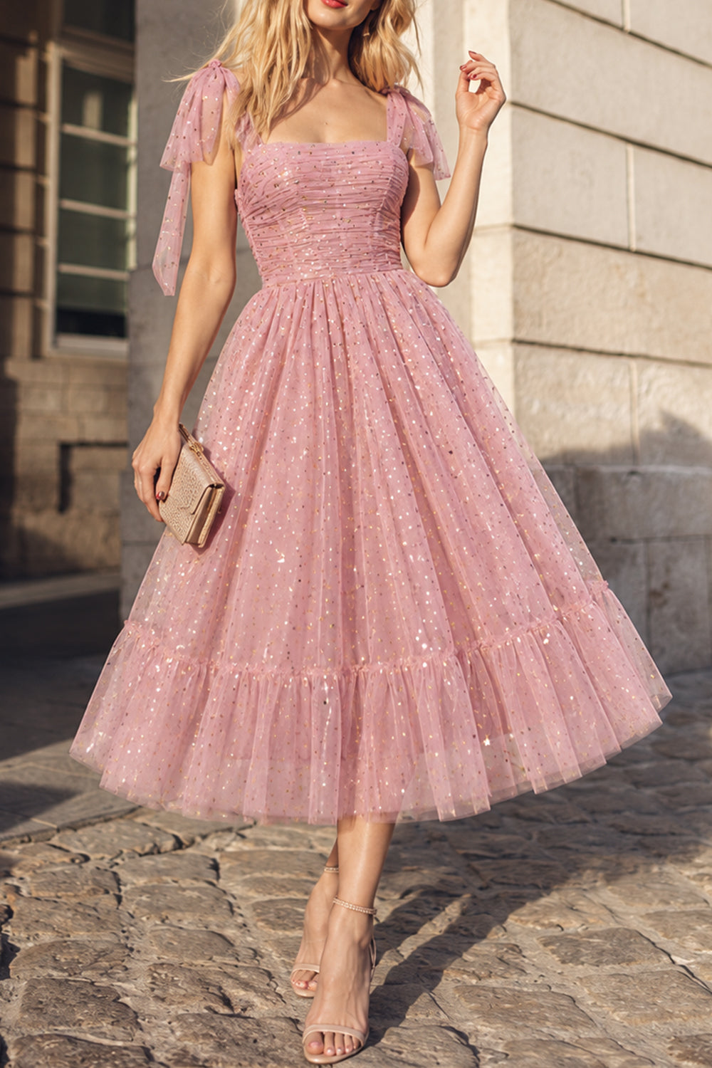 Altrosa, herzförmiger Ausschnitt, Midi-Ballkleid aus Tüll mit abnehmbaren Trägern