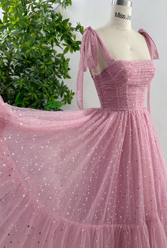 Dusty Pink Sweetheart Tulle Midi Formal Dress with Removable Straps