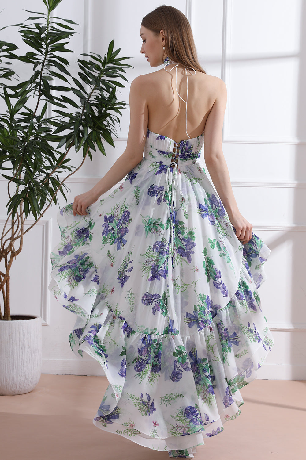 MissJophiel Halter High Neck Floral Print Chiffon High Low Dress Lavender Floral / High Low / US10 MissJophiel Halter High Neck Floral Print Chiffon High Low Dress Lavender Floral / High Low / US10
