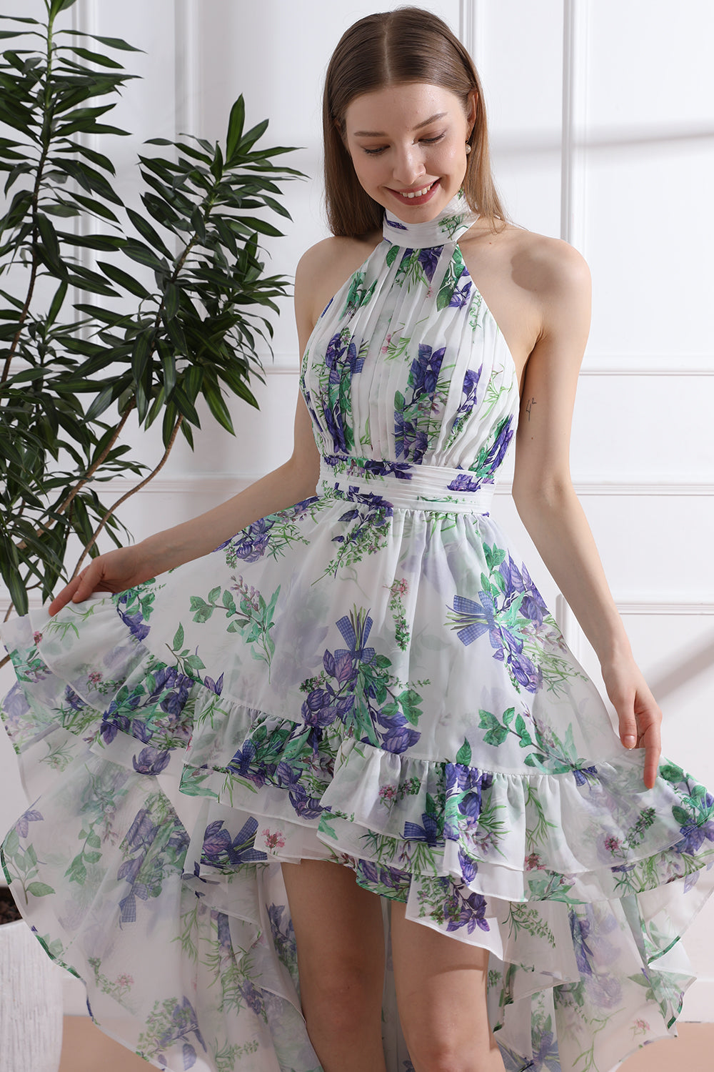 MissJophiel Halter High Neck Floral Print Chiffon High Low Dress Lavender Floral / High Low / US10 MissJophiel Halter High Neck Floral Print Chiffon High Low Dress Lavender Floral / High Low / US10