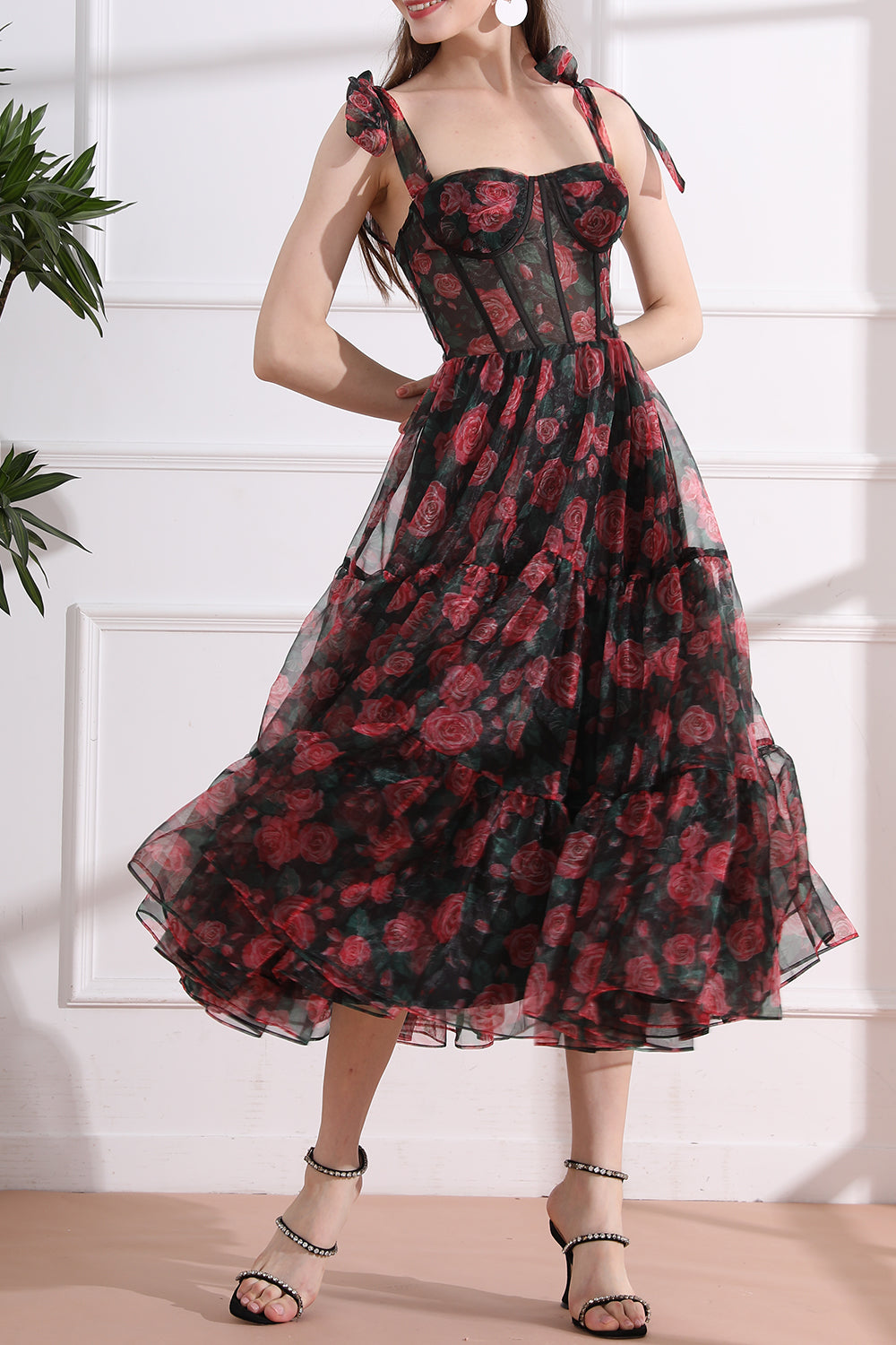 MissJophiel Strapless Corset Dress Floral Print Organza Midi Dress with