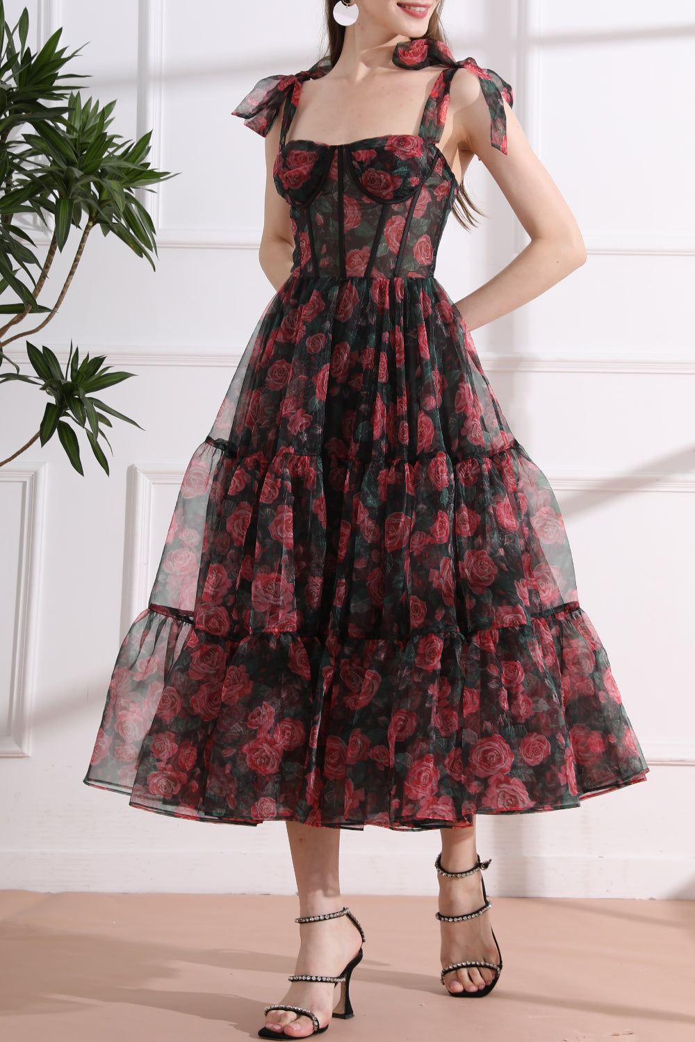 Corset Floral Print Organza Midi Dress with Removable Straps