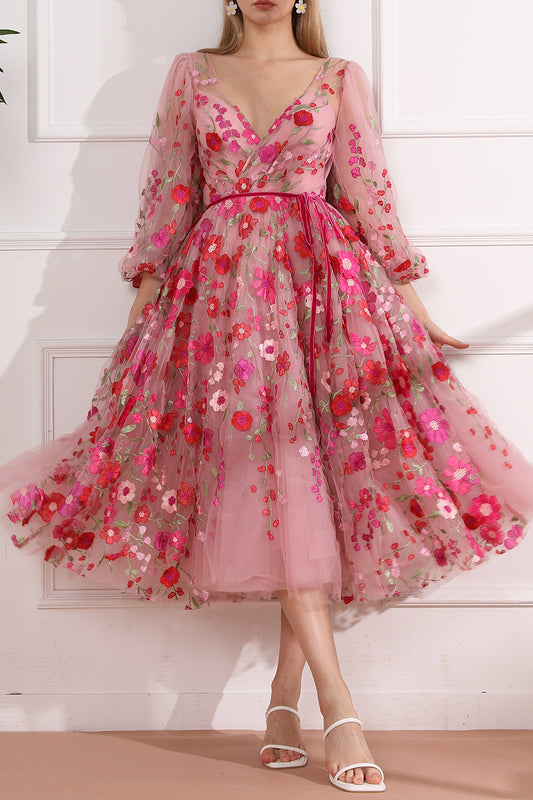 Embroidery Floral V Neck Puff Sleeves Midi Dress