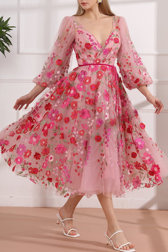 Maria Floral V Neck Puff Sleeve Dress