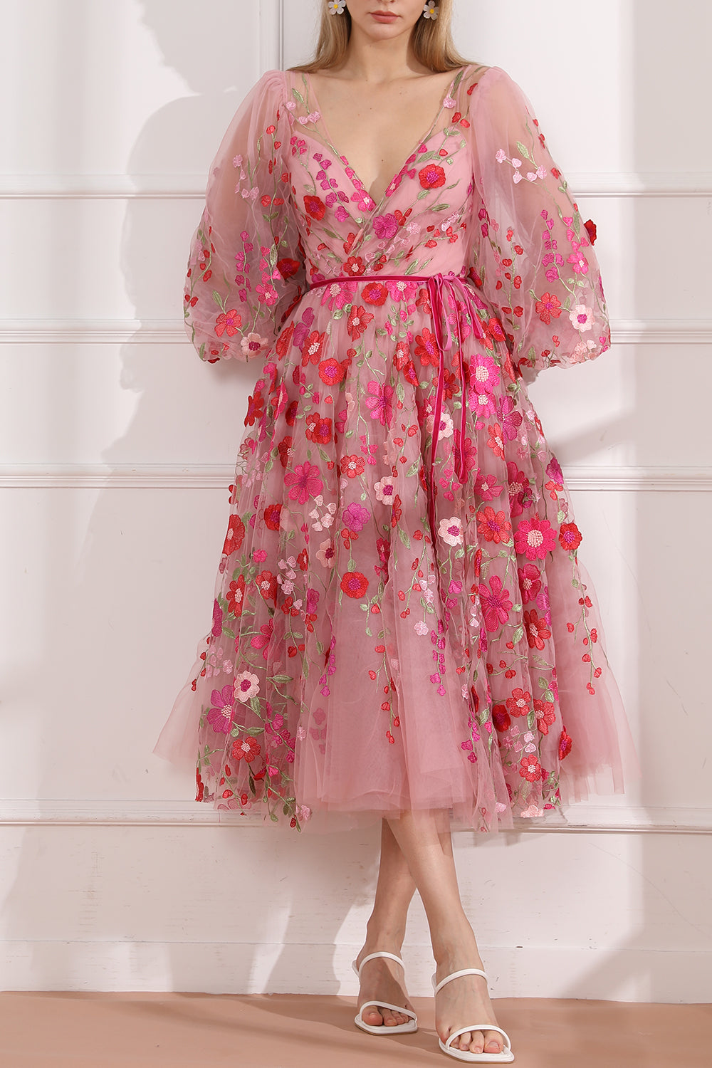 FLORAL V NECK PUFF SLEEVE SLIP-ON MIDI DRESS