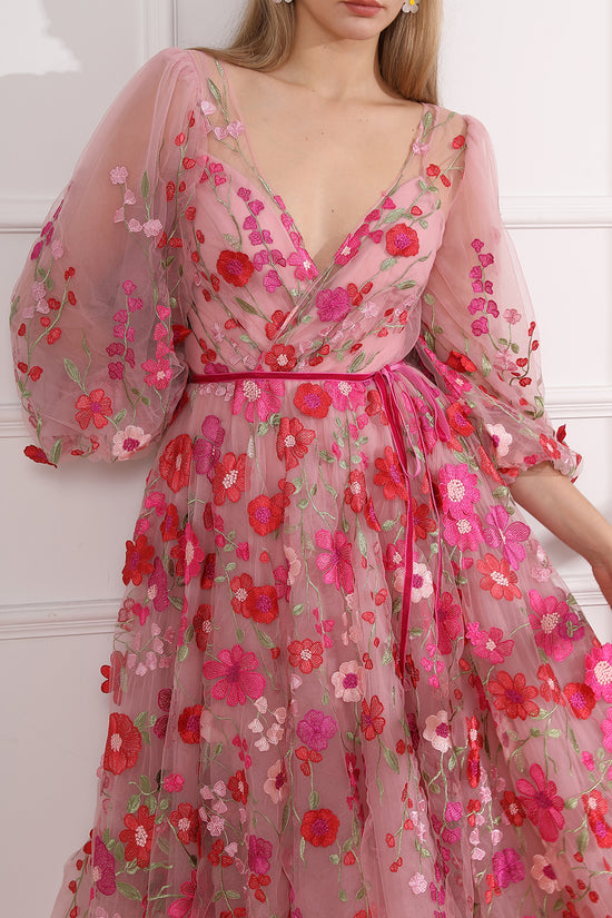 MissJophiel Embroidery Floral V Neck Puff Sleeves Midi Dress