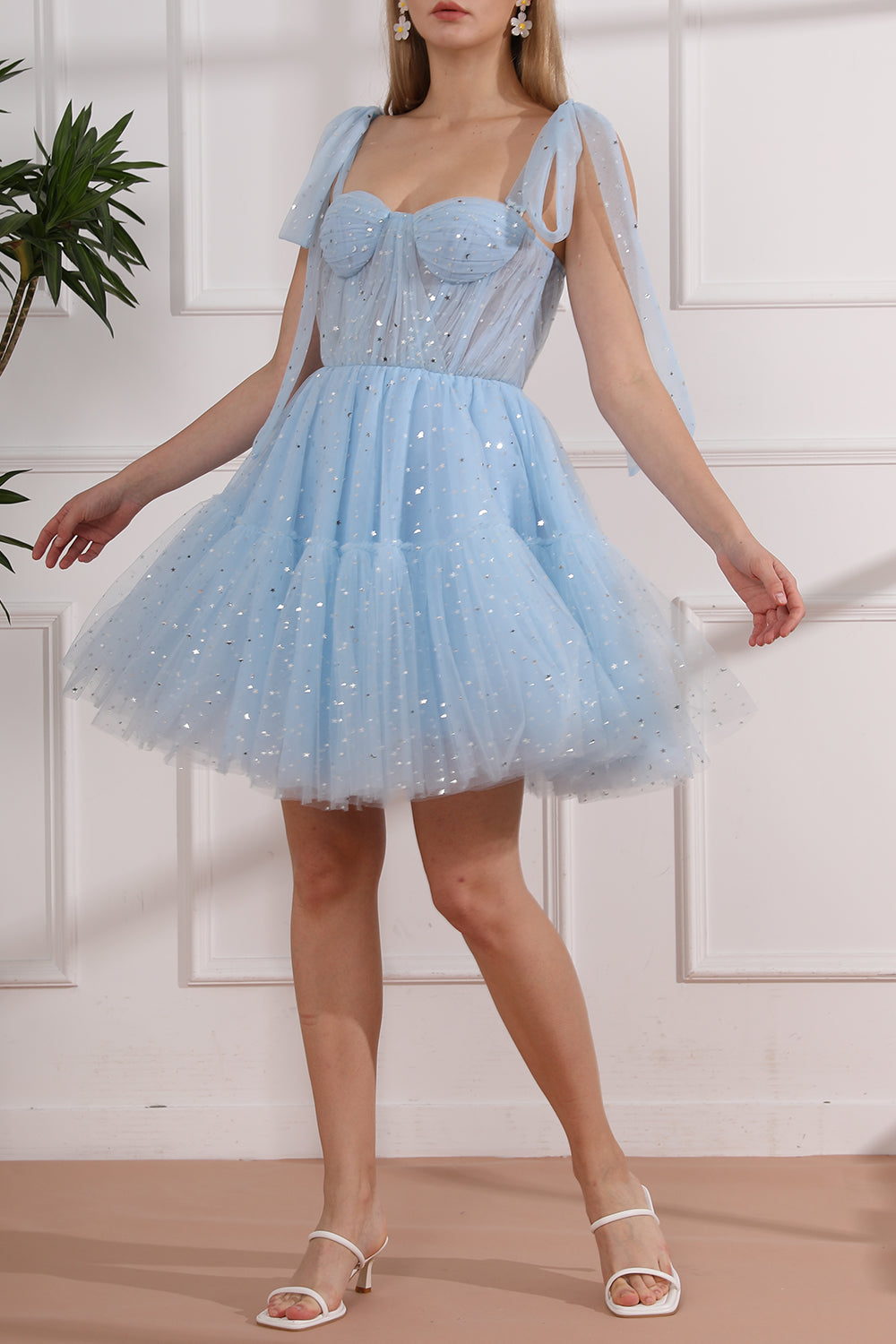 Strapless Corset Tulle Stars Midi Dress with Removable Straps
