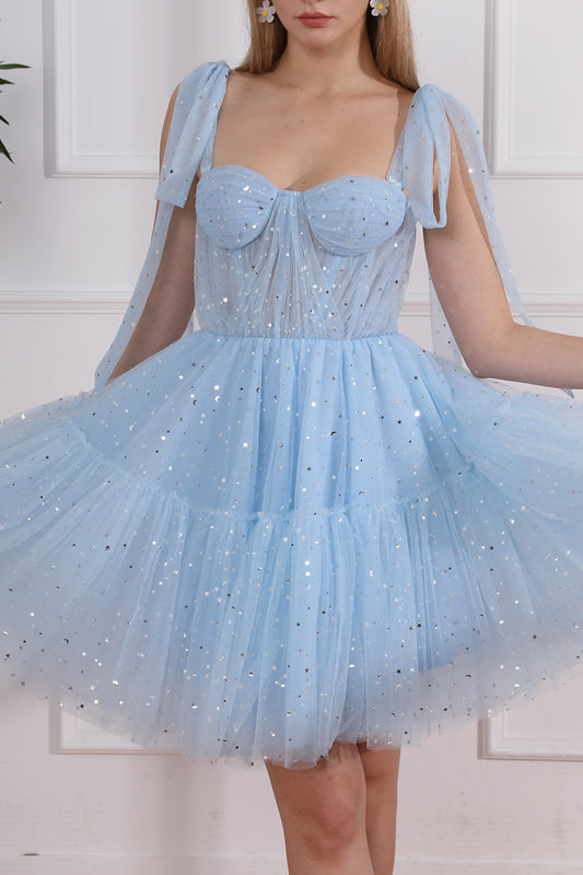 Strapless Corset Tulle Stars Midi Dress with Removable Straps