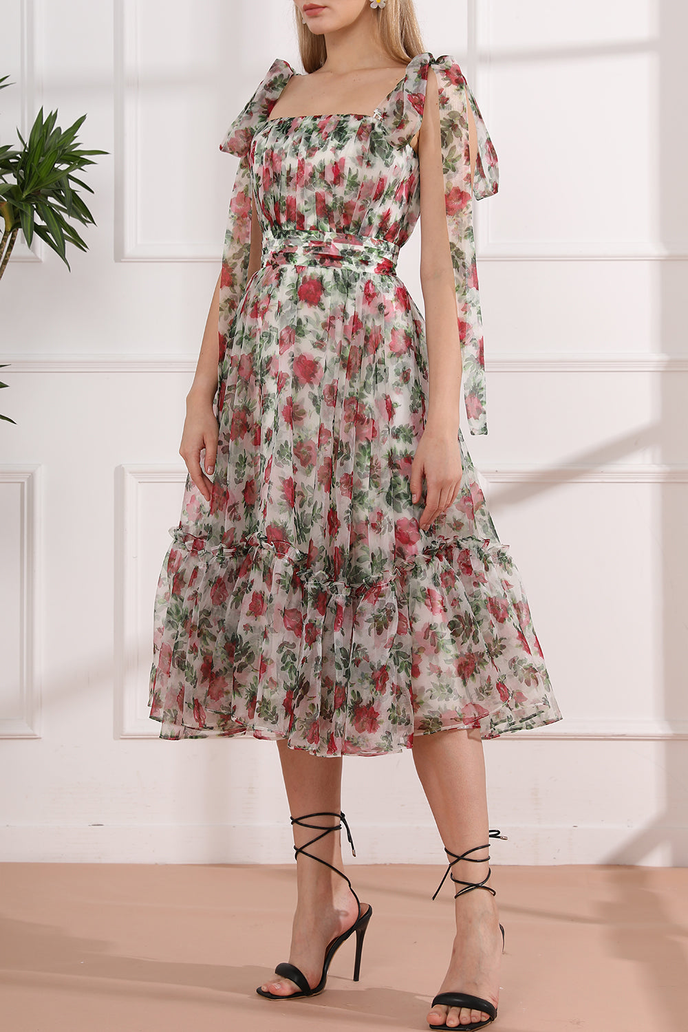 Strapless Rose Print Organza Midi Dress with Removable Tie Straps