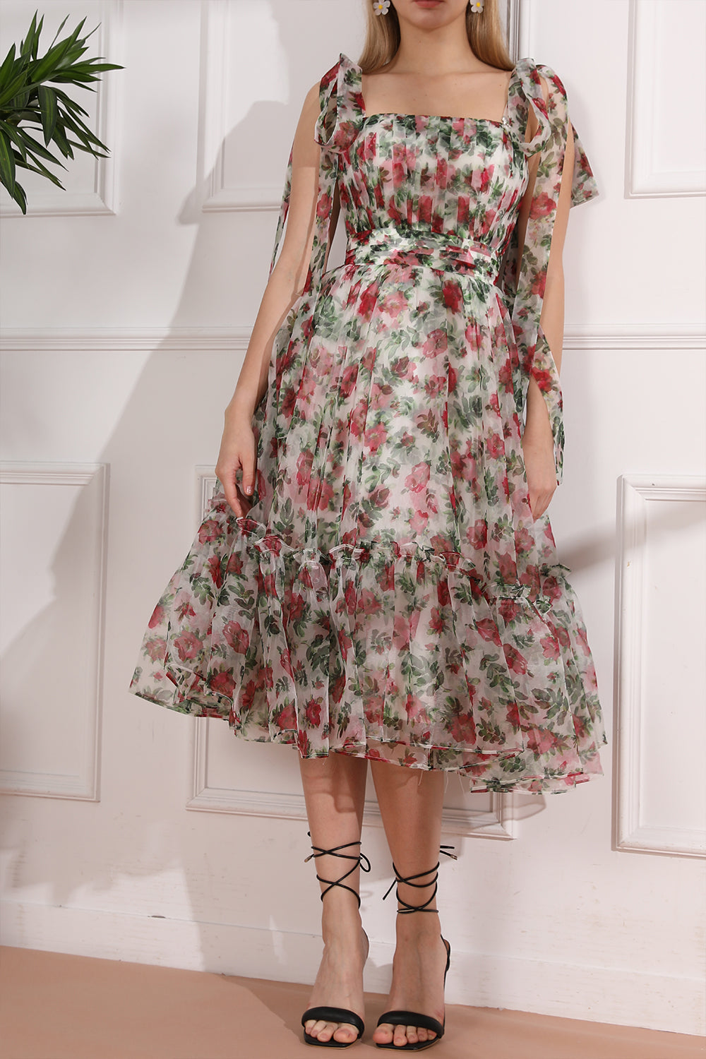 Strapless Rose Print Organza Midi Dress with Removable Tie Straps