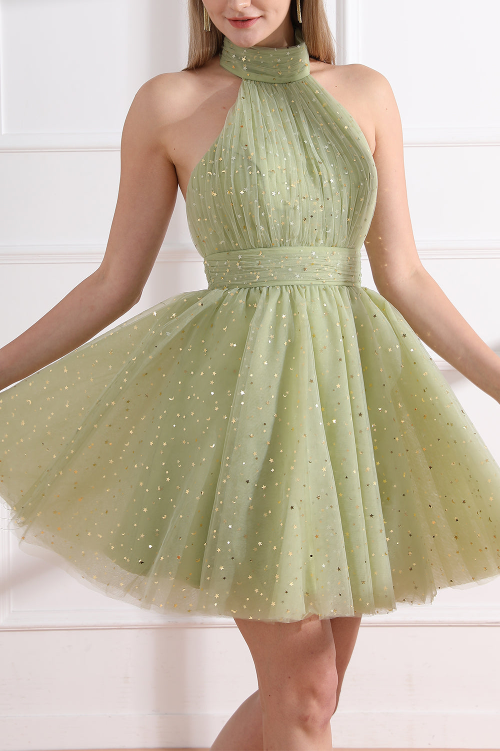 MissJophiel Halter High Neck Mini Prom Dress Sage Green / Tea Length / US14 MissJophiel Halter High Neck Mini Prom Dress Sage Green / Tea Length / US14