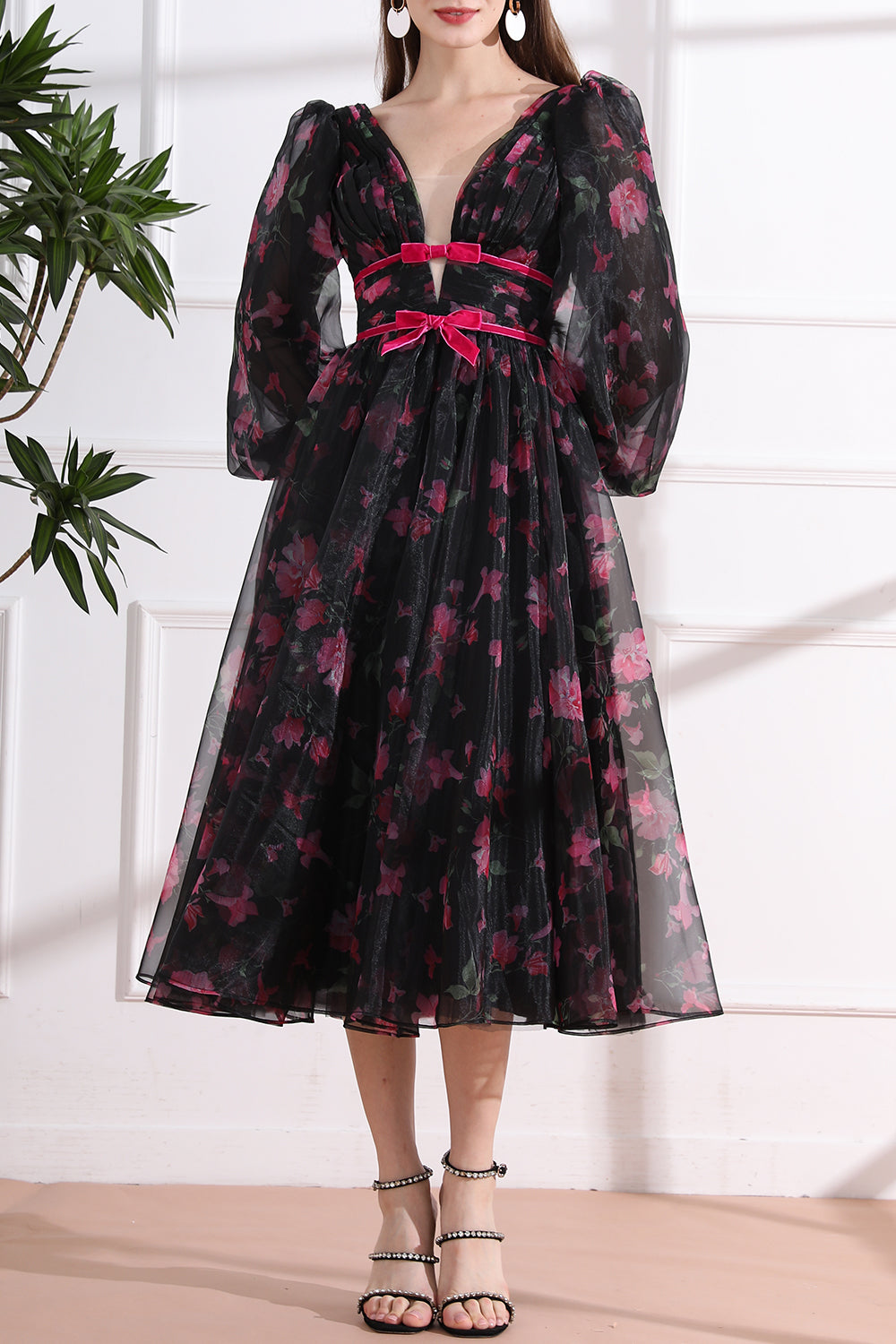 Long Puff Sleeves Illusion V Neck Floral Organza Midi Dress