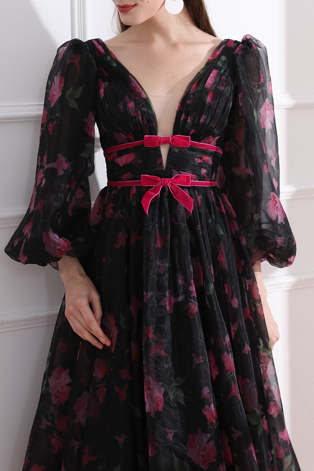 Long Puff Sleeves Illusion V Neck Floral Organza Midi Dress