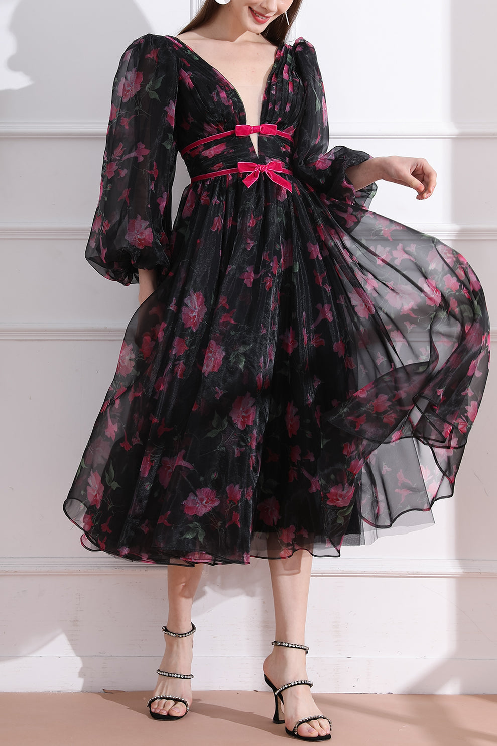 V Neck Colorful Floral Net Dress with Long Puff Sleeves