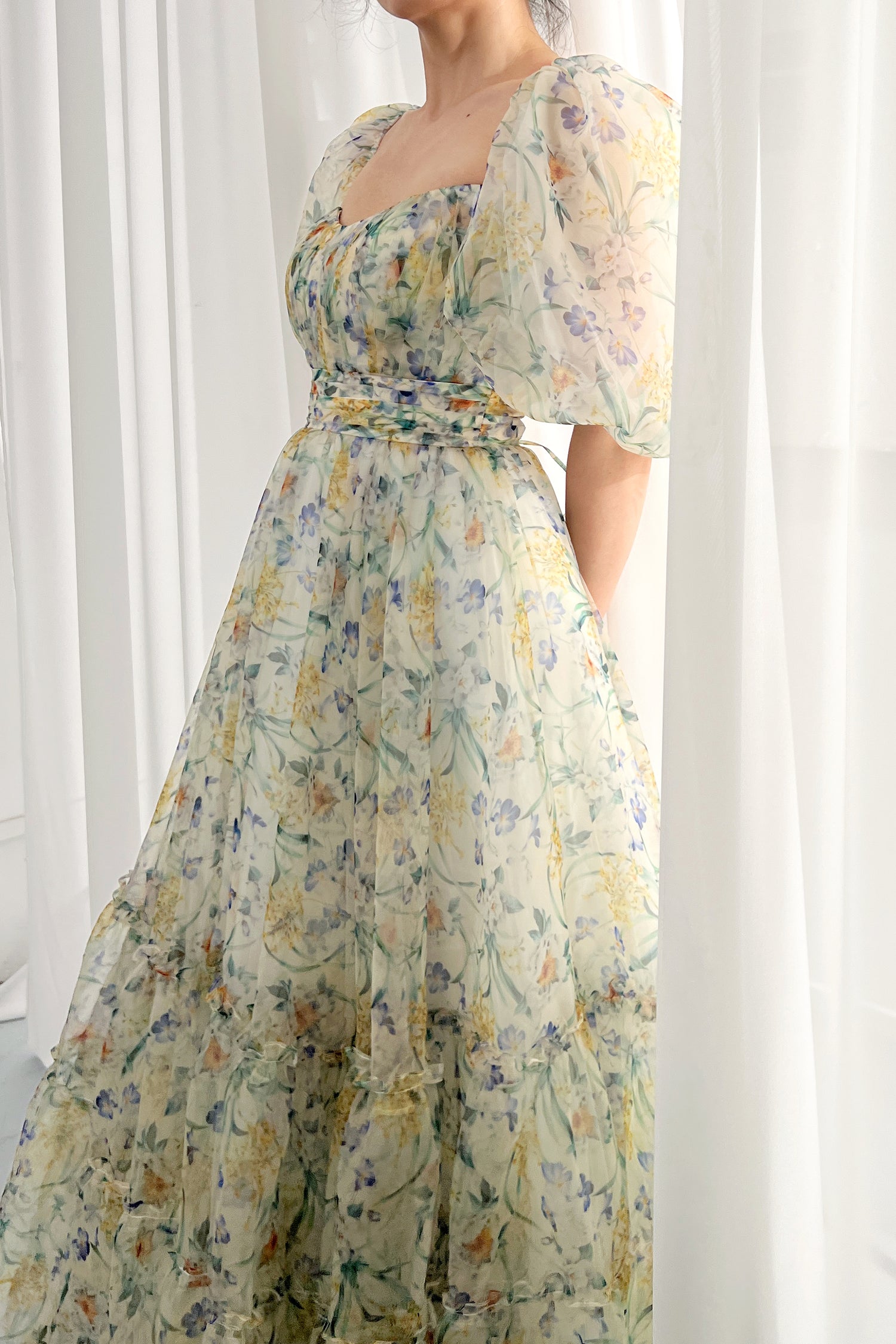 MissJophiel Puff Sleeves Tiered Floral Organza Prom Dress