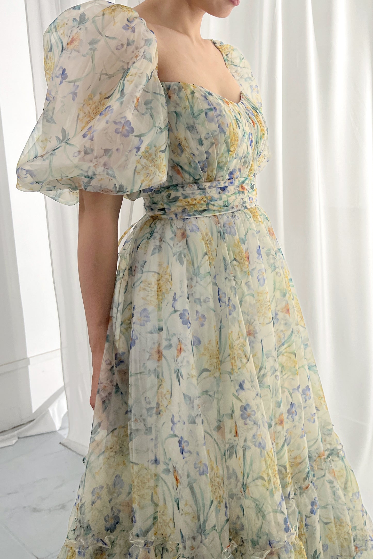 Puff Sleeves Tiered Floral Organza Prom Dress