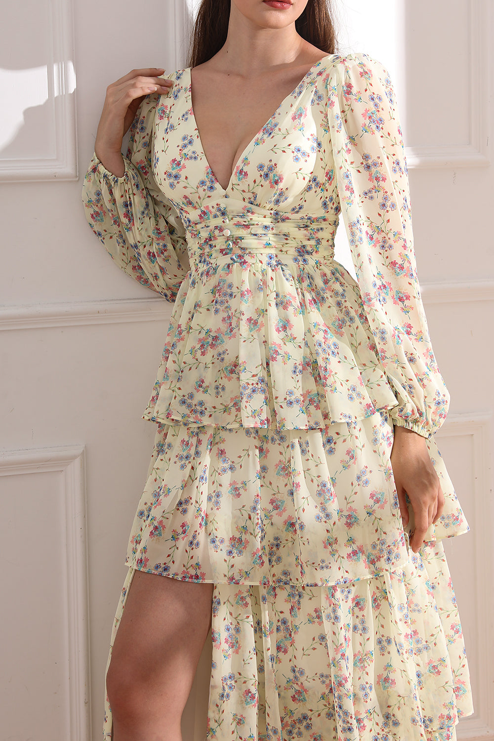 MissJophiel Long Puff Sleeves Tiered Chiffon Floral Midi Dress