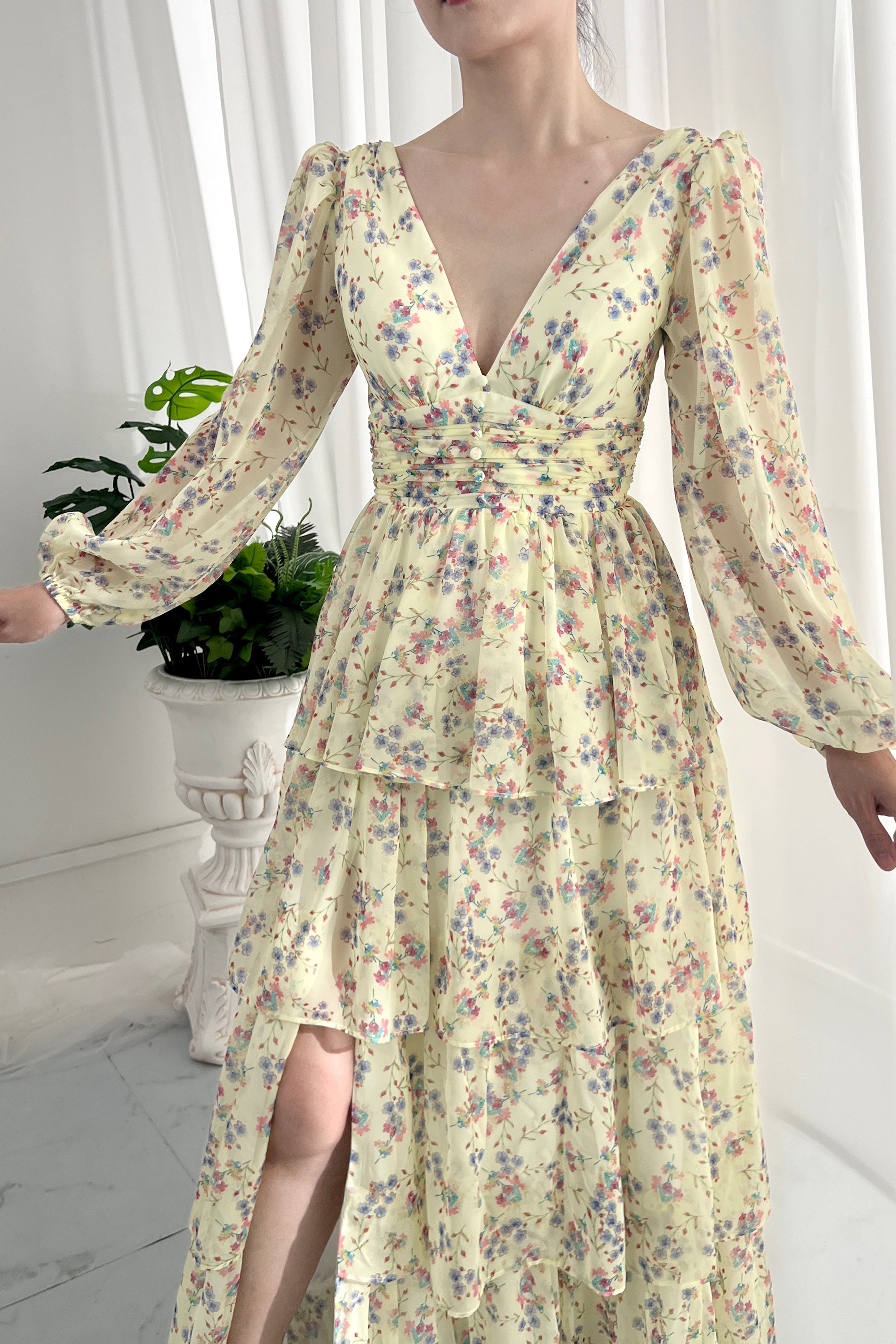 Puff Sleeve Bow Tie Chiffon Floral Long Dress main image 1