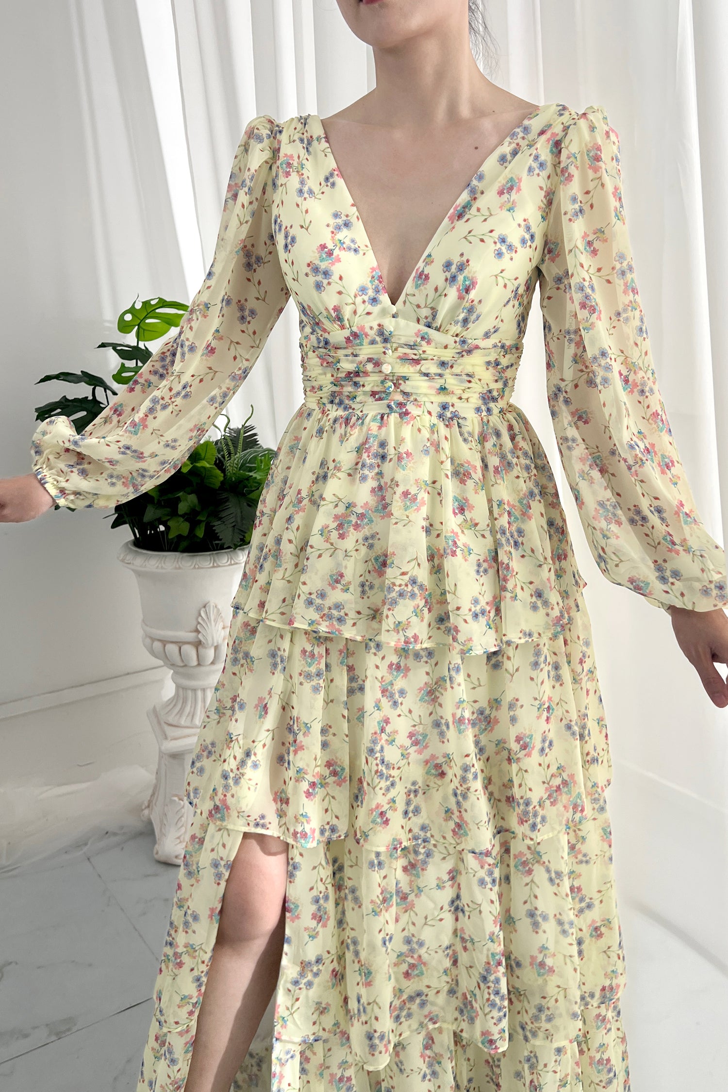 MissJophiel Long Puff Sleeves Tiered Chiffon Floral Midi Dress
